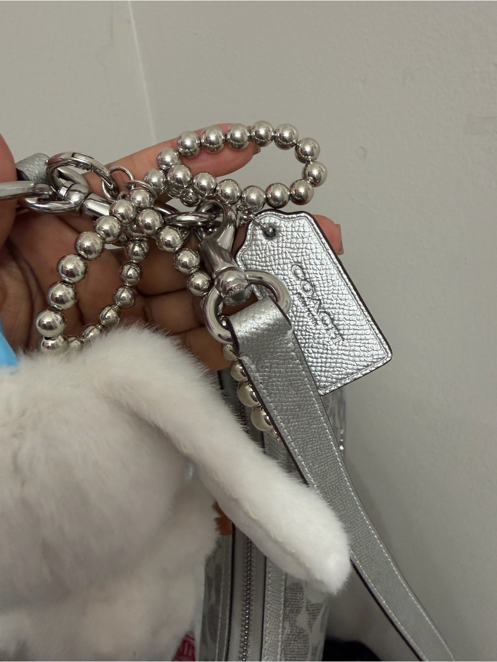 Coach Silver Signature Crescent Shoulder Bag with Plush Charm - Picture 6 of 7
